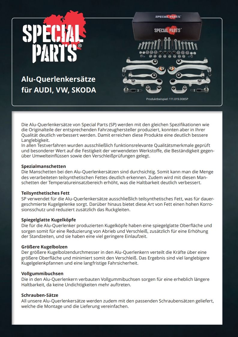 Qualitätsmerkmale Alu-Querlenkersätze von Special Parts