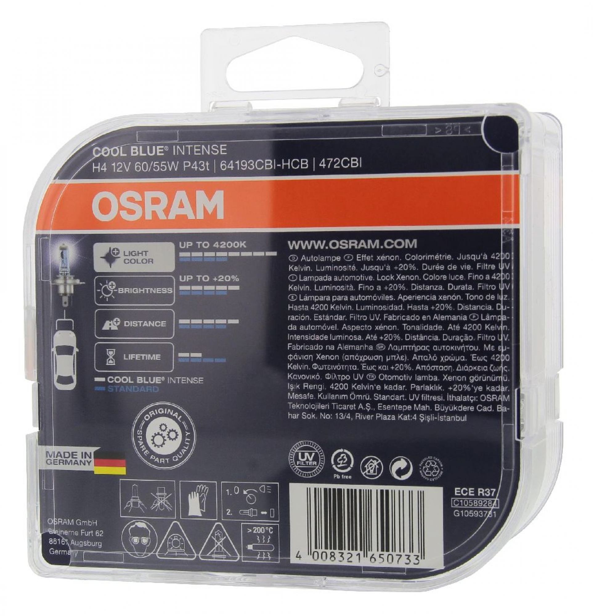 OSRAM COOL BLUE INTENSE (64193CBI-HCB), H4, Glühlampe, Fernscheinwerfer