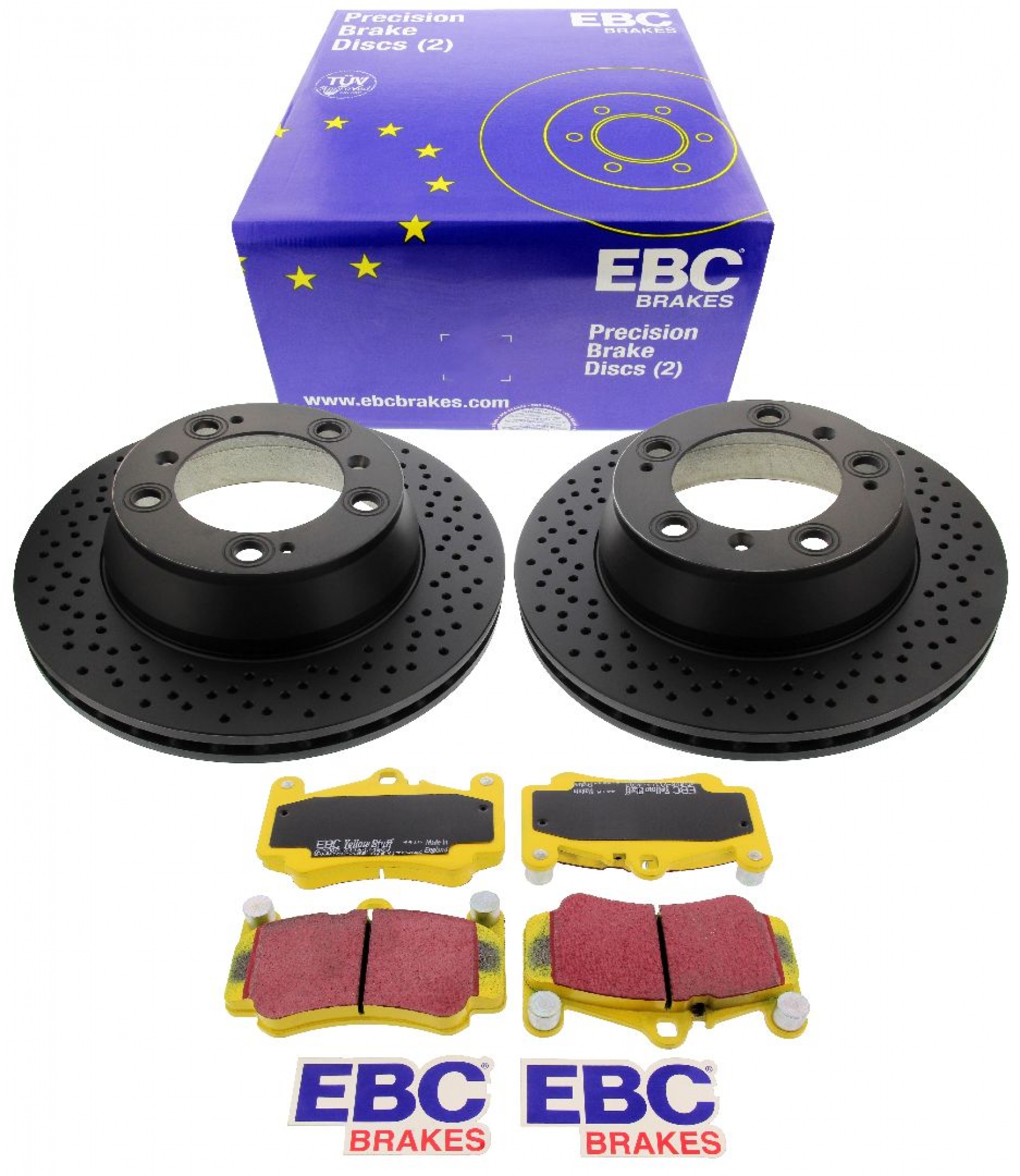 EBC-Bremsensatz, Premium Sportbremsscheiben (gelocht) + Bremsbeläge, Yellowstuff, Achssatz, VA, Porsche 911