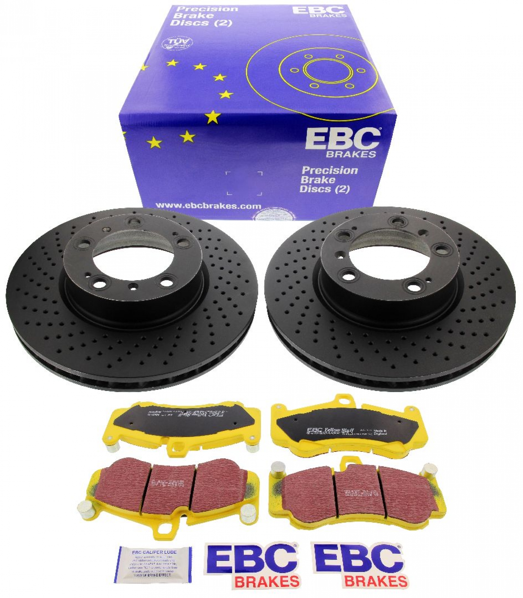 EBC-Bremsensatz, Premium Sportbremsscheiben (gelocht) + Bremsbeläge, Yellowstuff, Achssat, HA, Porsche 911