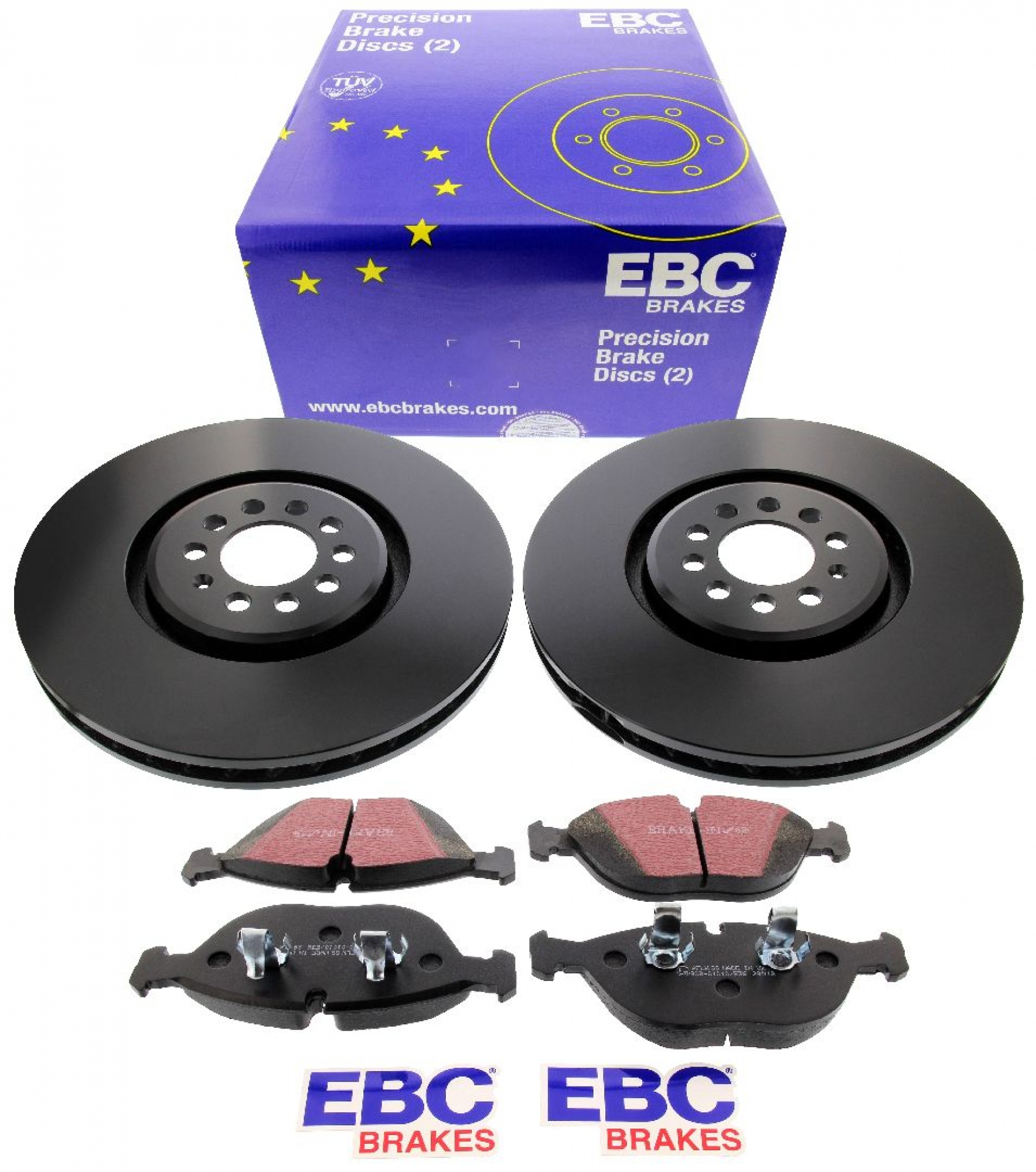 EBC-Bremsensatz, Premium Sportbremsscheiben (gelocht) + Bremsbeläge, Blackstuff, Achssatz, VA, VW Golf 4 R32, Ø 334 mm