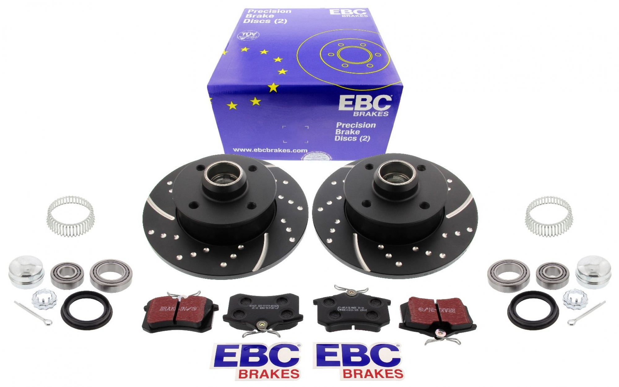 EBC-Bremsensatz, Turbo Groove Disc Black + Bremsbeläge, Blackstuff, Achssatz, HA, VW Golf 2/3, Corrado, G60-Bremse, inkl. Radlager + ABS Ring
