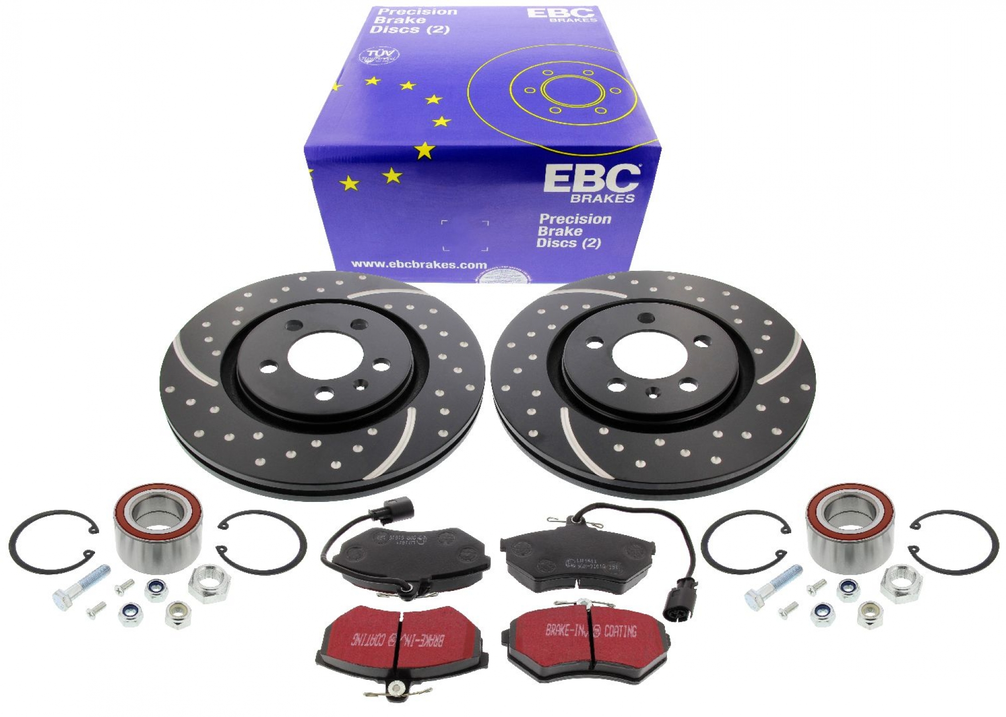 EBC-Bremsensatz, Turbo Groove Disc Black + Bremsbeläge, Blackstuff + Radlagersatz, Achssatz, VA, VW Golf