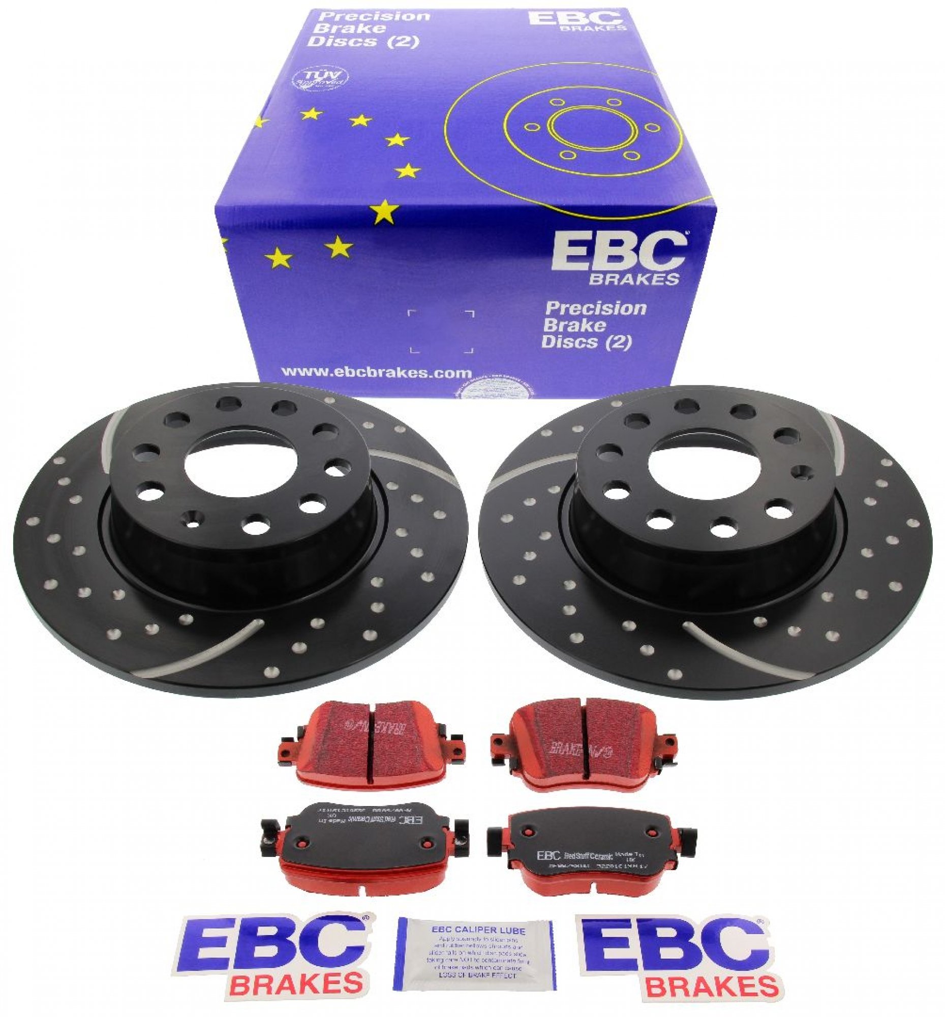 EBC-Bremsensatz, Turbo Groove Disc Black + Bremsbeläge, Redstuff Ceramic, Achssatz, HA, Audi, Seat, Skoda, VW